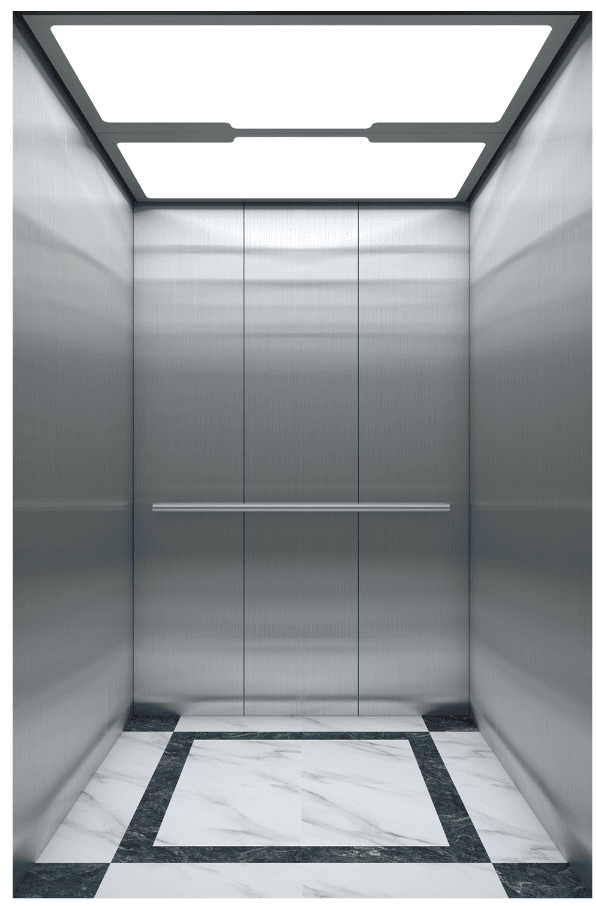 Fuji Fenix passenger elevator cabin with brushed stainless steel walls, dual LED ceiling panels, and marble floor