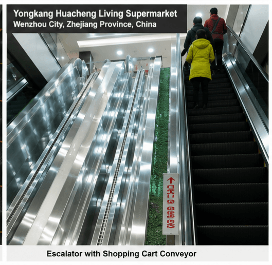 Escalator with Shopping Cart Conveyor at Yongkang Huacheng Living Supermarket